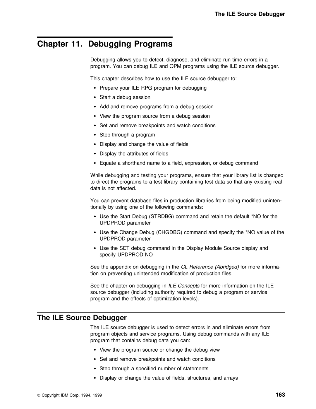 IBM AS/400 manual Debugging Programs, ILE Source Debugger, 163 