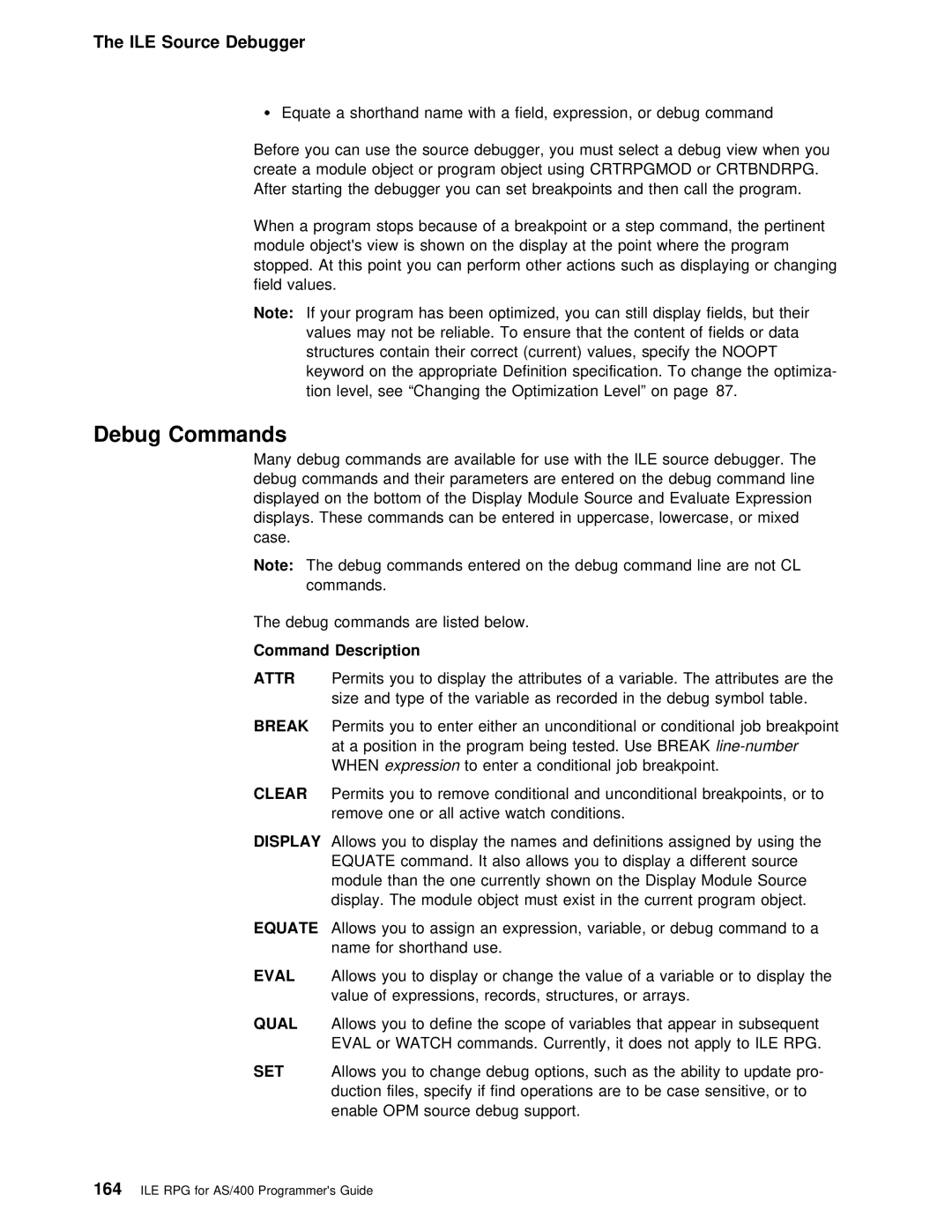 IBM AS/400 manual Debug Commands, Attr, Equate, Eval, Qual 