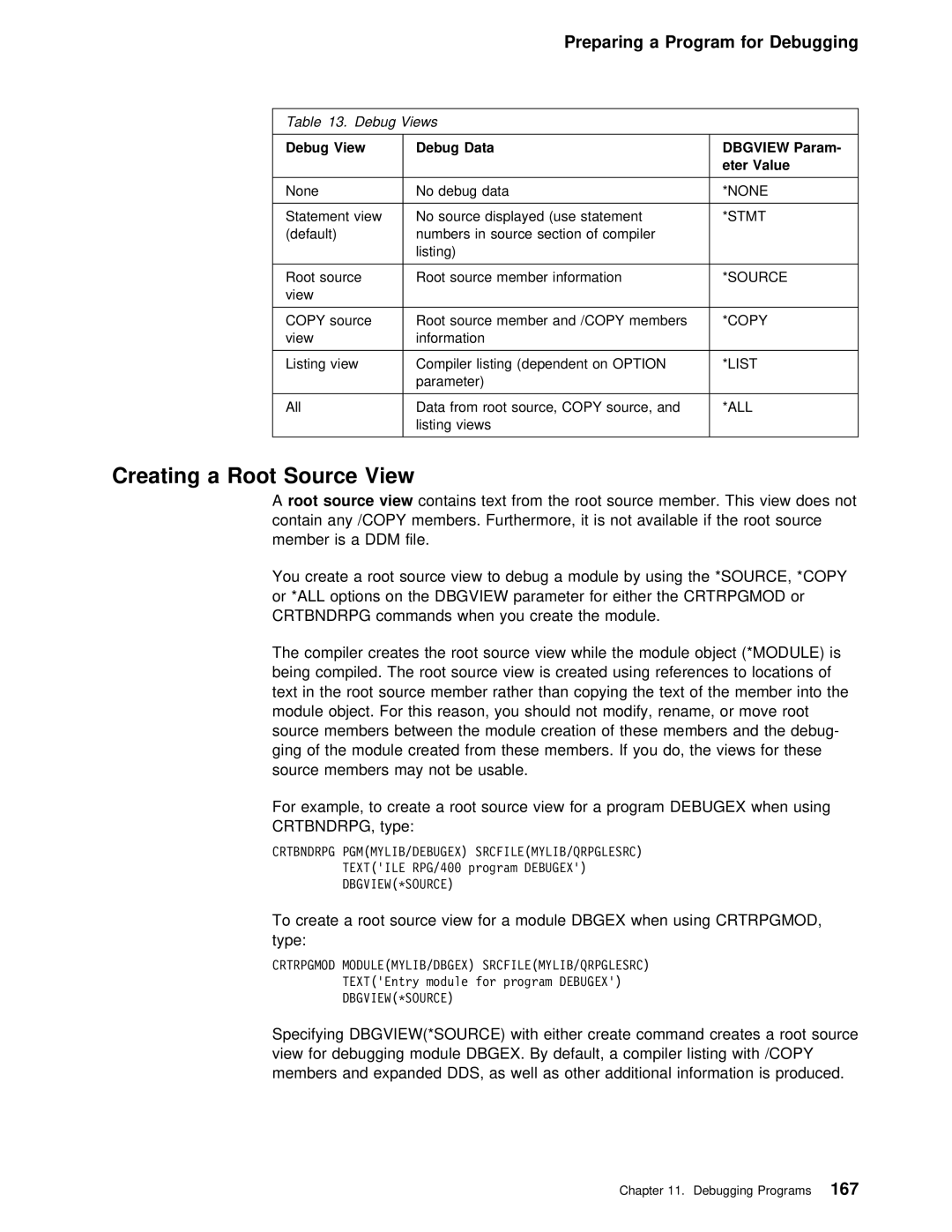 IBM AS/400 manual Creating a Root Source View, Options On the Dbgview parameter for Either 