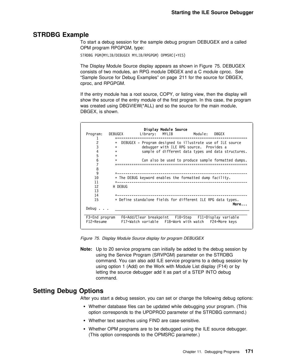 IBM AS/400 manual Strdbg Example, Setting Debug Options, Start a Debug Session for the sample debug program Debugex, Into 