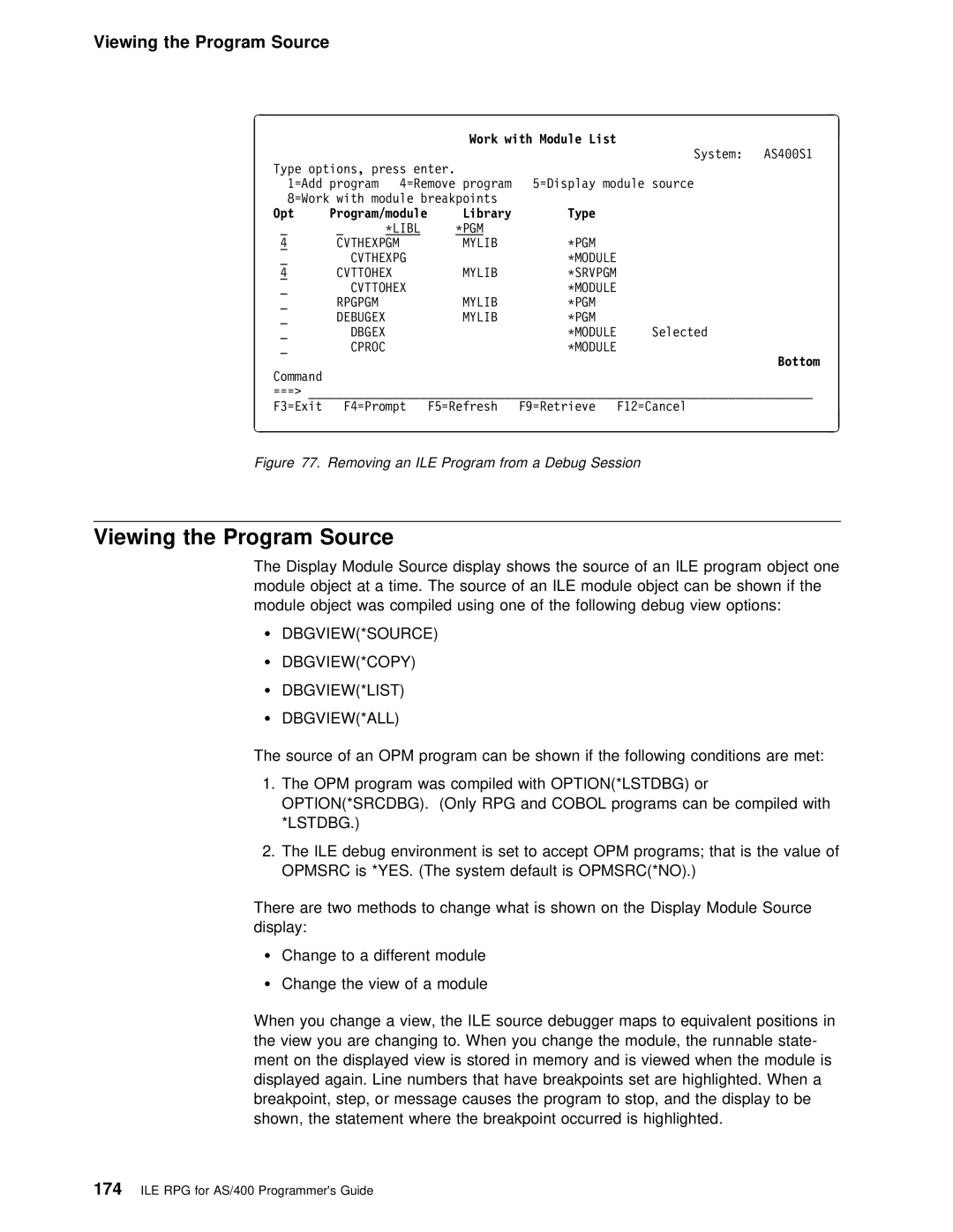 IBM AS/400 manual Viewing the Program Source, Cobol, Lstdbg ILE 