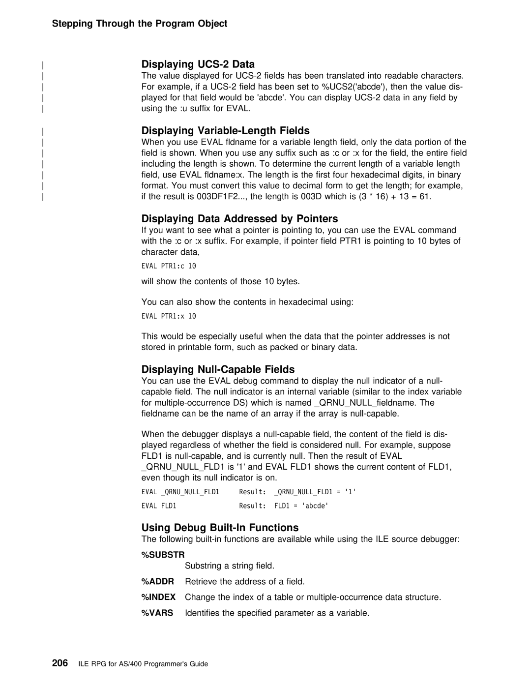 IBM AS/400 manual Displaying Variable-Length Fields, By Pointers, Displaying Null-Capable Fields, Displaying Data 