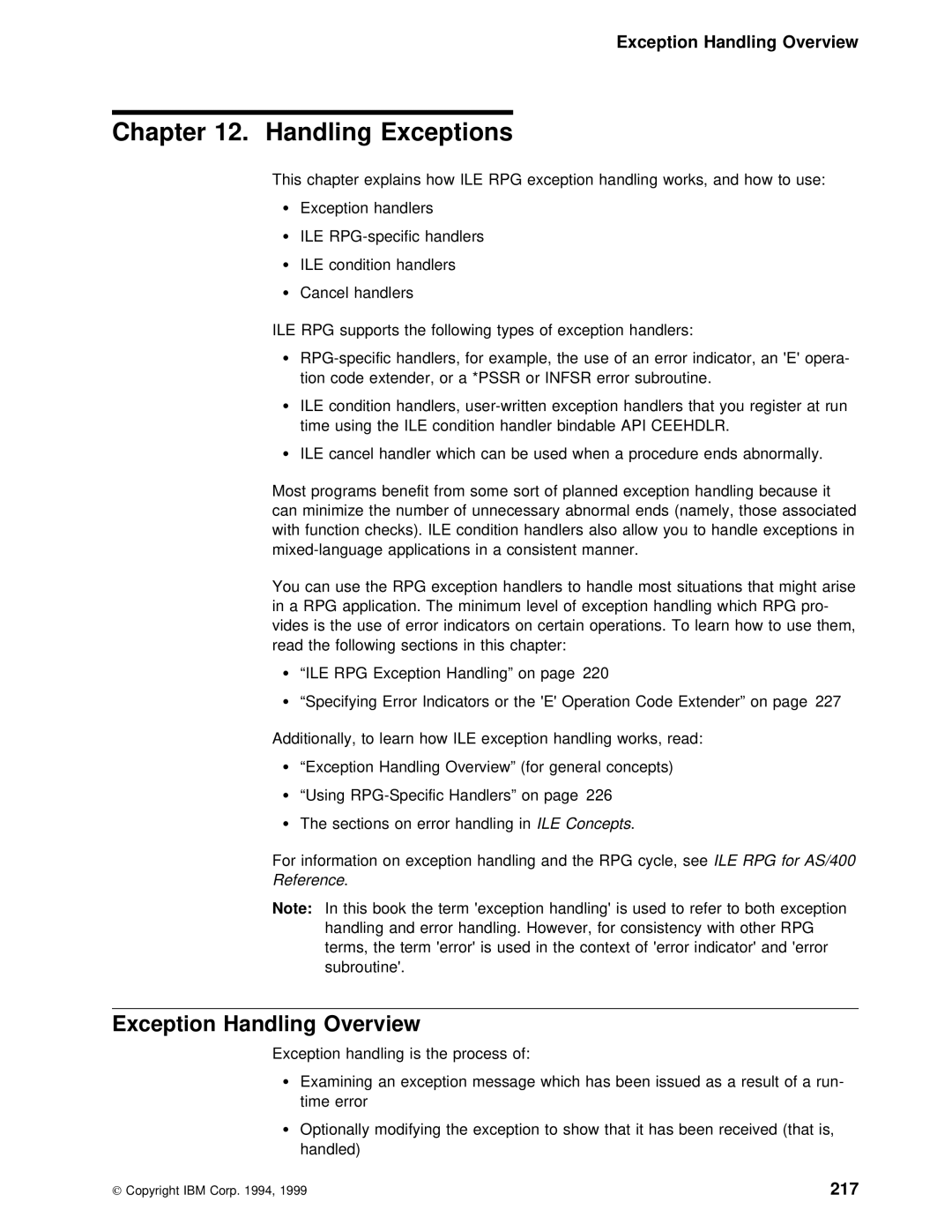 IBM AS/400 manual Handling Exceptions, Exception Handling Overview, 217, Infsr 