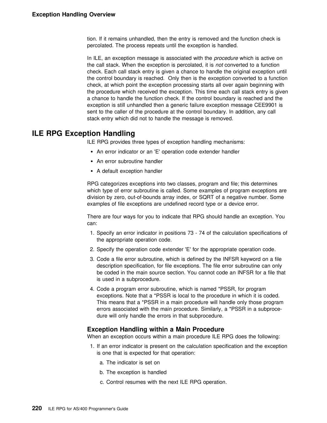 IBM AS/400 manual ILE RPG Exception Handling, Dure will Only Handle Errors That Subprocedure, Exception Handling within 