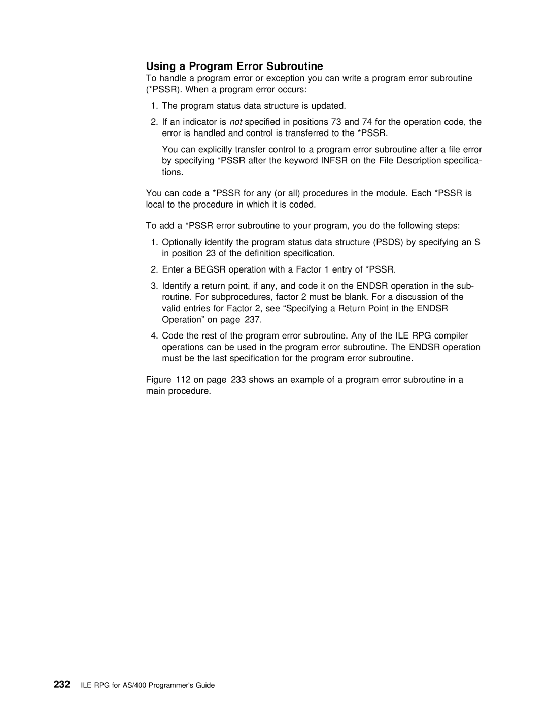 IBM AS/400 manual Using a Program Error Subroutine, After Keyword, Position Definition Specification Enter 