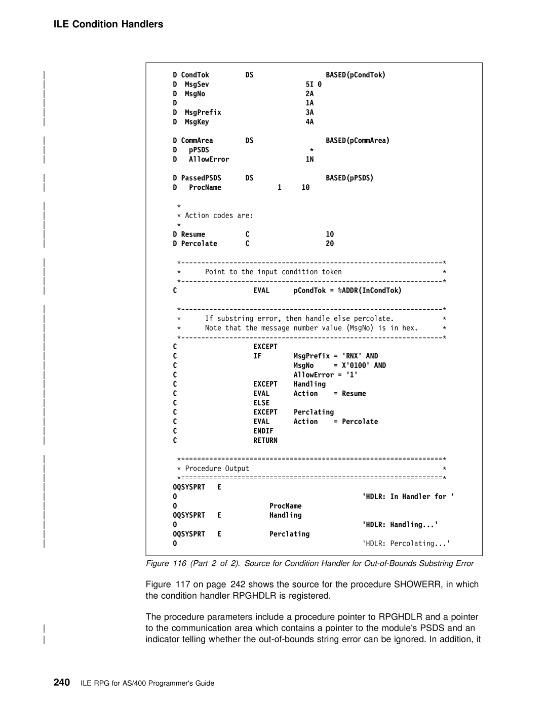 IBM AS/400 Shows Source For Procedure, Condition Handler, Is registered Procedure Parameters Include Pointer, Else Except 