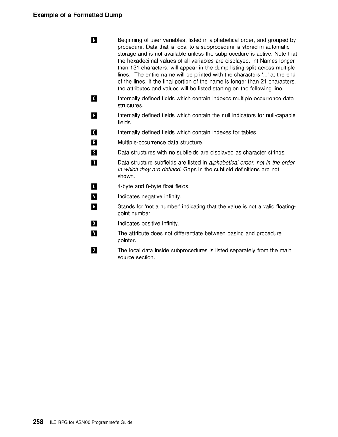 IBM AS/400 manual Beginning of user variables, listed in alphabetical order, Order Which they are defined Gaps 