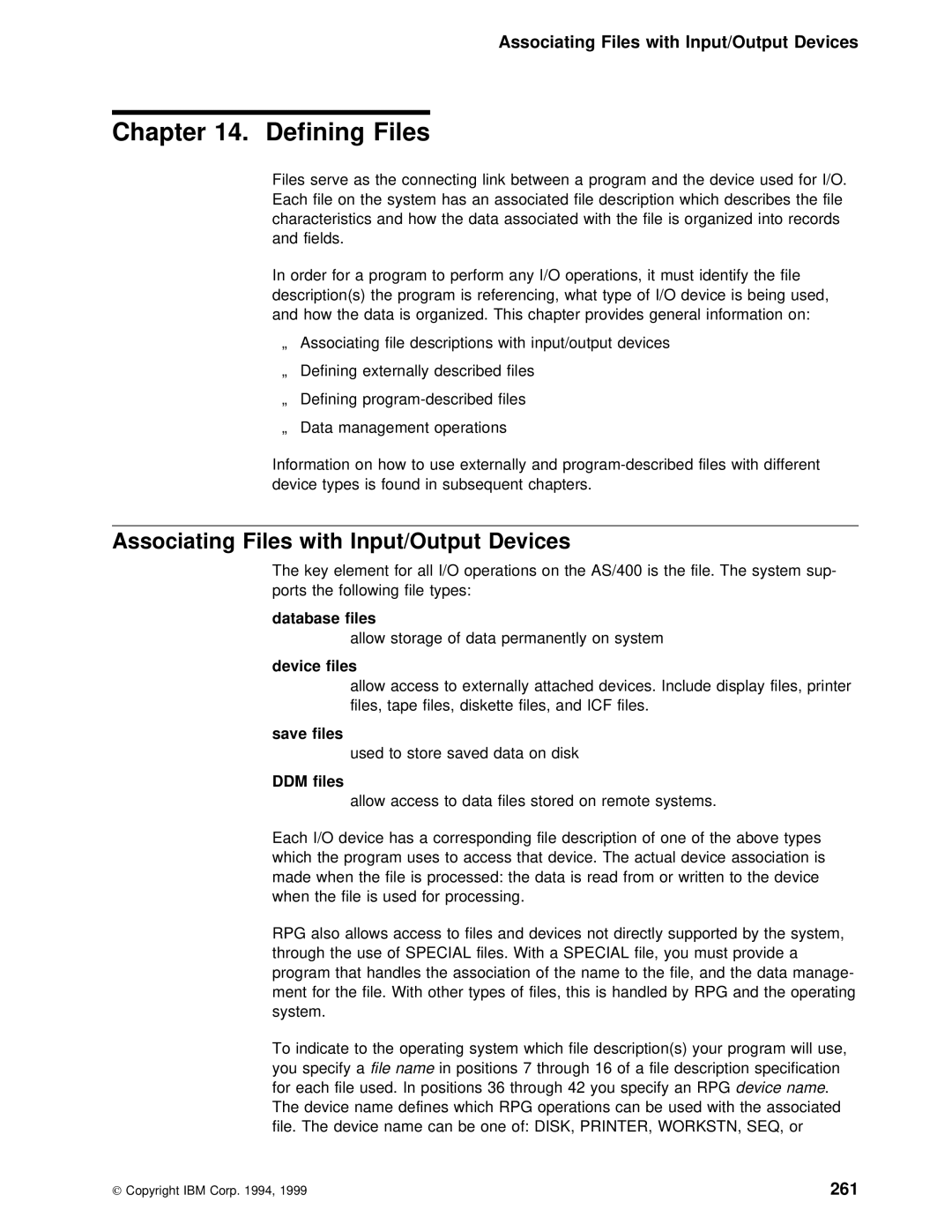 IBM AS/400 manual Defining Files, Associating Files with Input/Output Devices, 261 