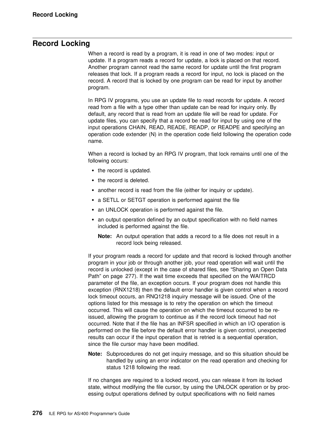 IBM AS/400 manual Record Locking 