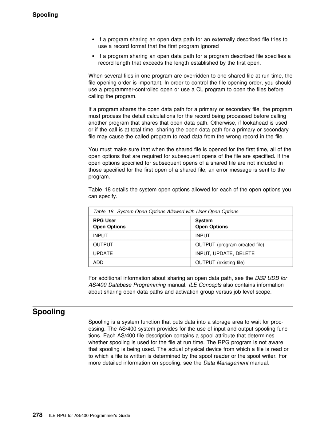 IBM AS/400 manual Spooling, Program Details System Open Options Allowed for Each, Can Specify 