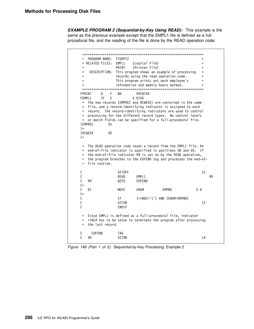 IBM AS/400 manual YTDRPT2 Related Files EMPL1, Setoff Read EMPL1 Goto Eofend Move Enum Empno, Seton Endif, Eofend TAG Seton 