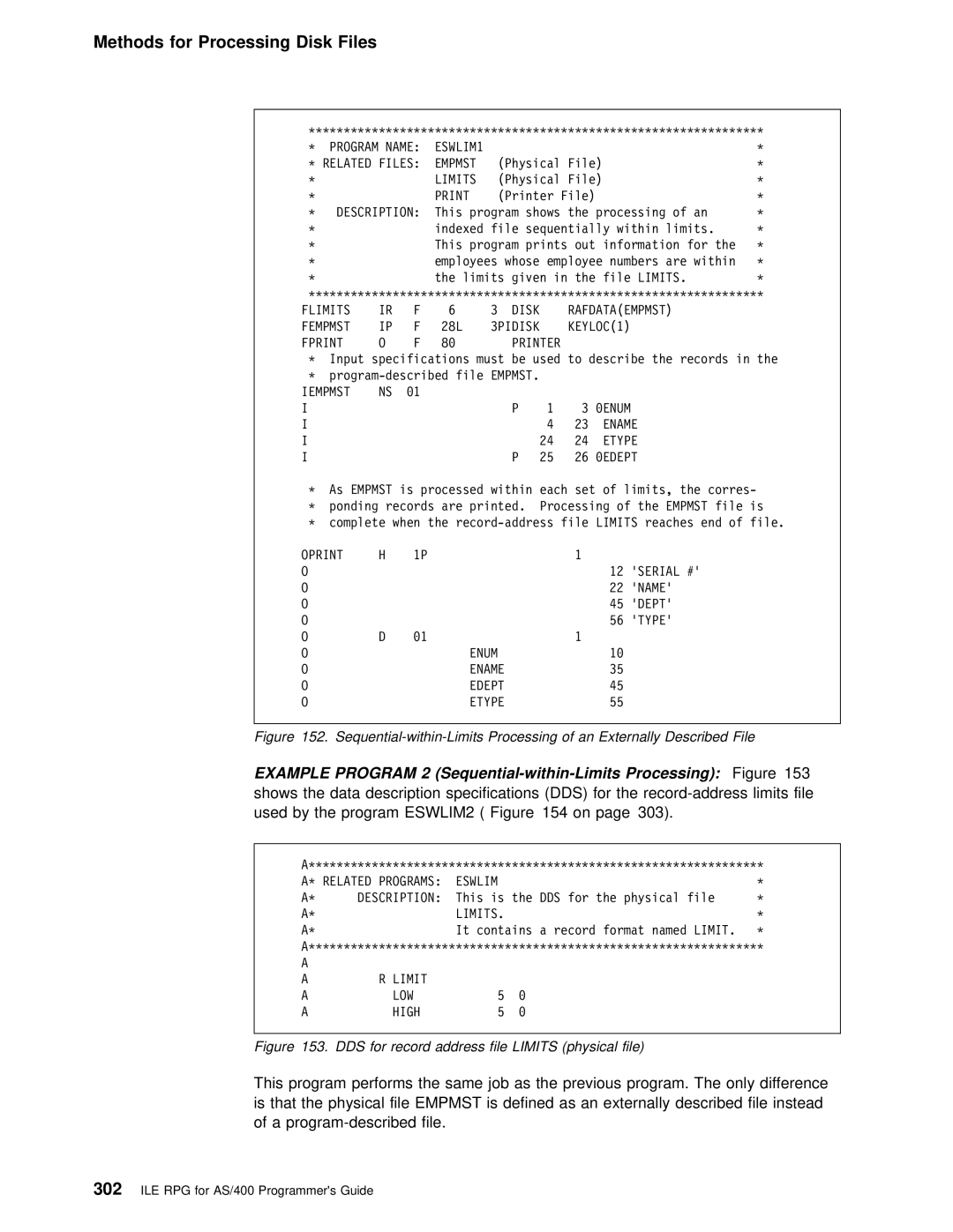 IBM AS/400 manual ESWLIM1 Related Files Empmst, Limits, Flimits Disk, 3PIDISK KEYLOC1 Fprint, Iempmst, Eswlim Description 