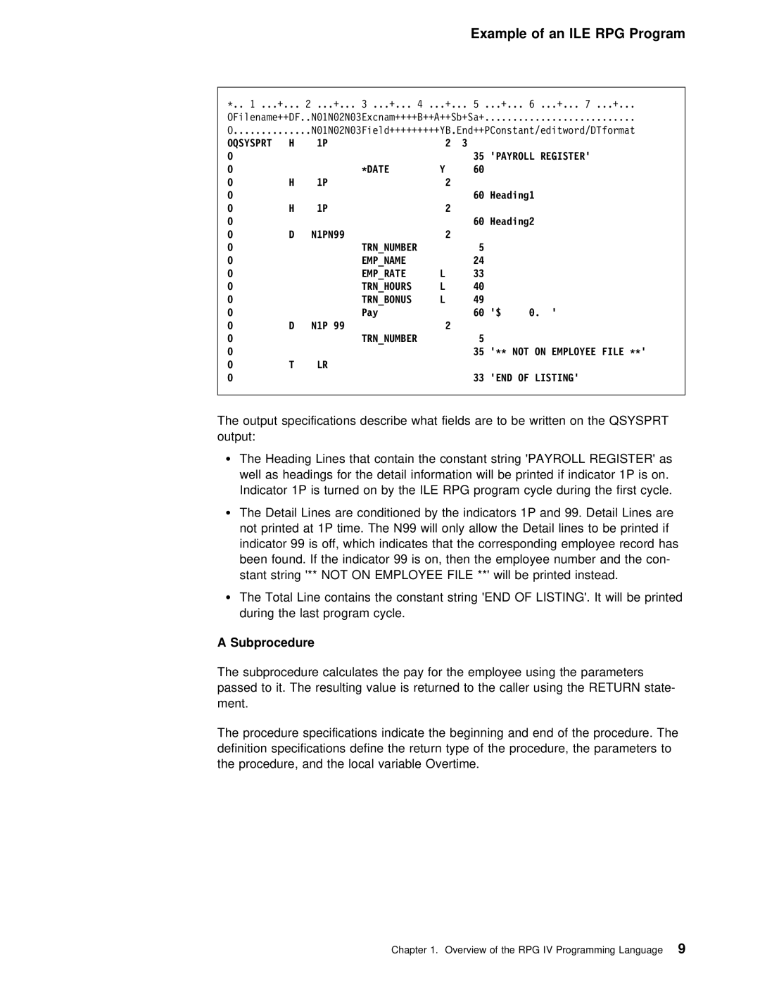 IBM AS/400 manual Heading Lines That Contain Constant String Payroll, Ile Rpg, Not, File, Subprocedure 