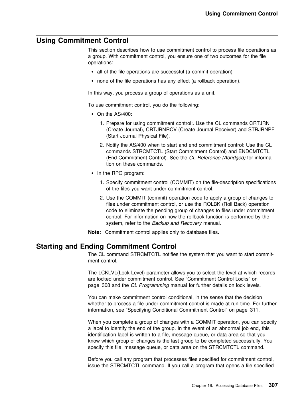 IBM AS/400 manual Using Commitment Control, Starting and Ending Commitment 