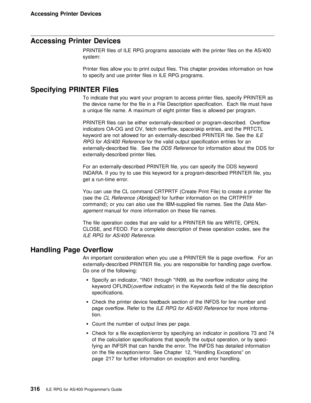 IBM AS/400 manual Accessing Printer Devices, Specifying Printer Files, Handling Page Overflow 