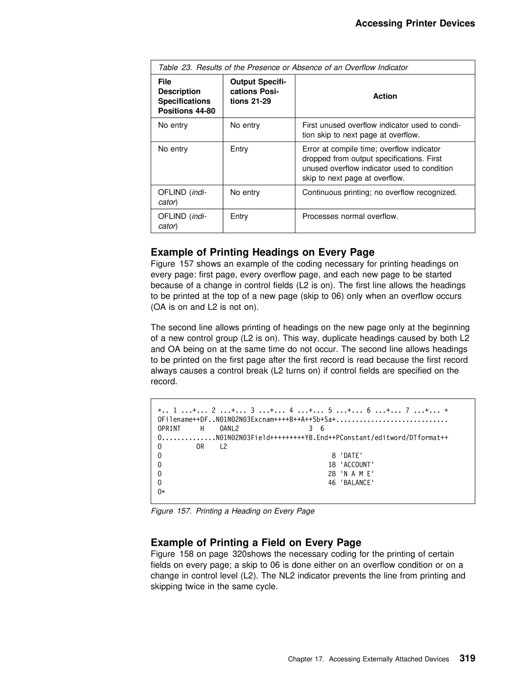 IBM AS/400 manual Example of Printing Headings on Every, Example of Printing a Field on Every, OANL2, Account, Balance 