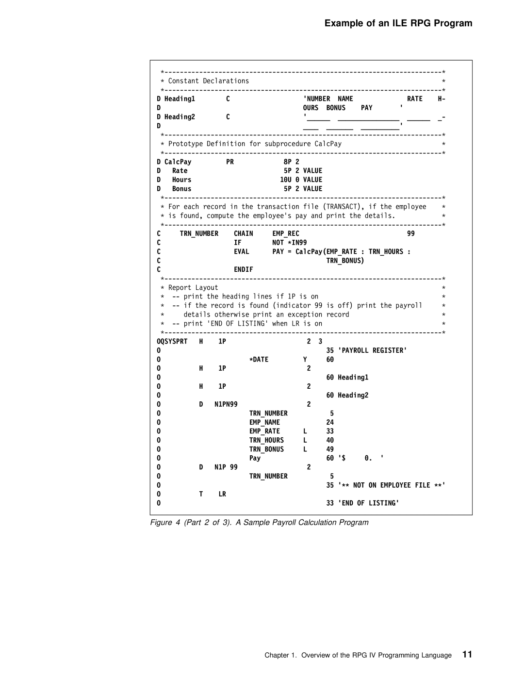 IBM AS/400 manual Rate, Bonus PAY, 10U 0 Value, Not *IN99 Eval, Trnbonus Endif, Empname Emprate Trnhours Trnbonus 