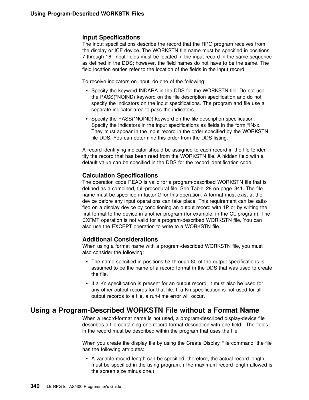 IBM AS/400 manual Name, Format, Input Specifications, Calculation Specifications, Additional Considerations 