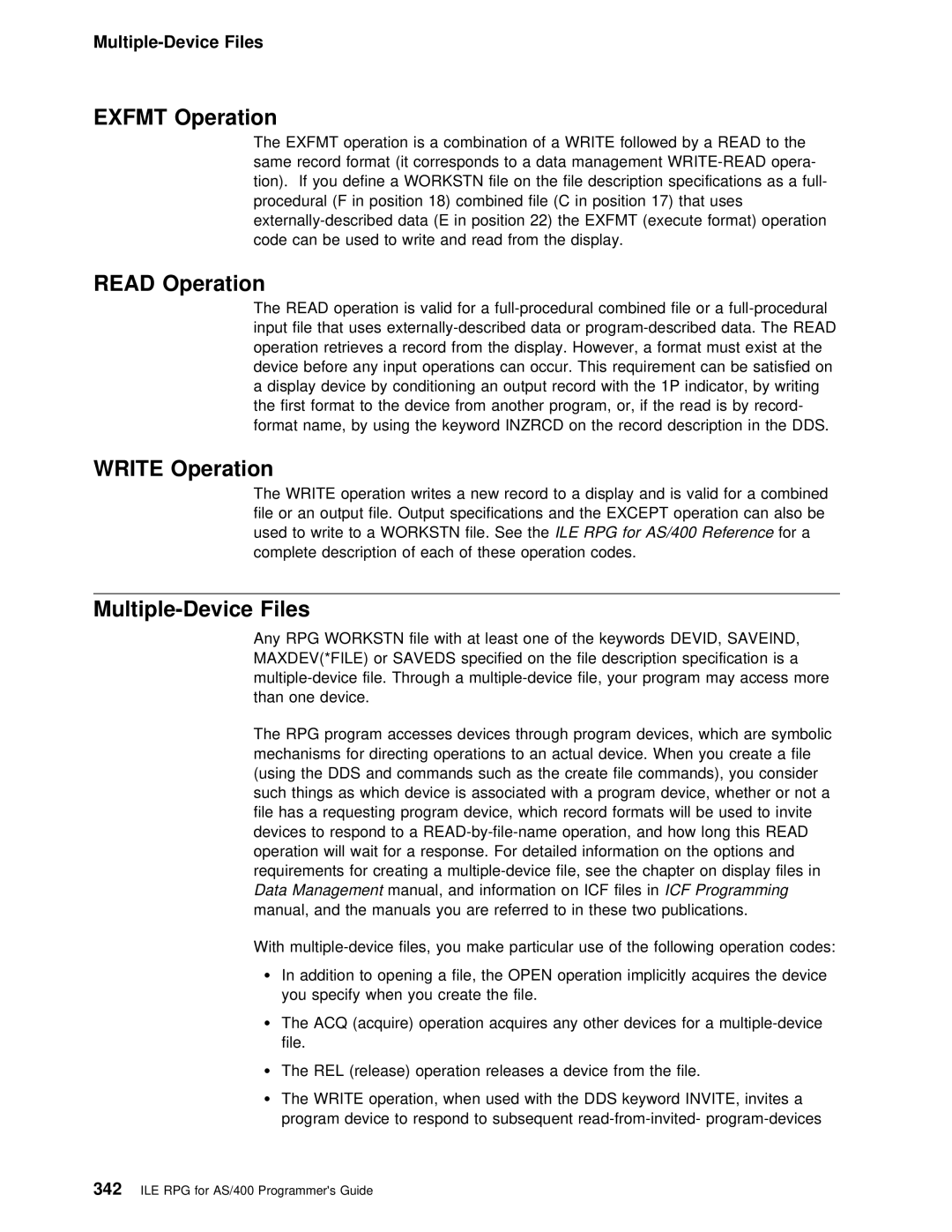 IBM AS/400 manual Exfmt Operation, Read Operation, Write Operation, Multiple-Device Files 