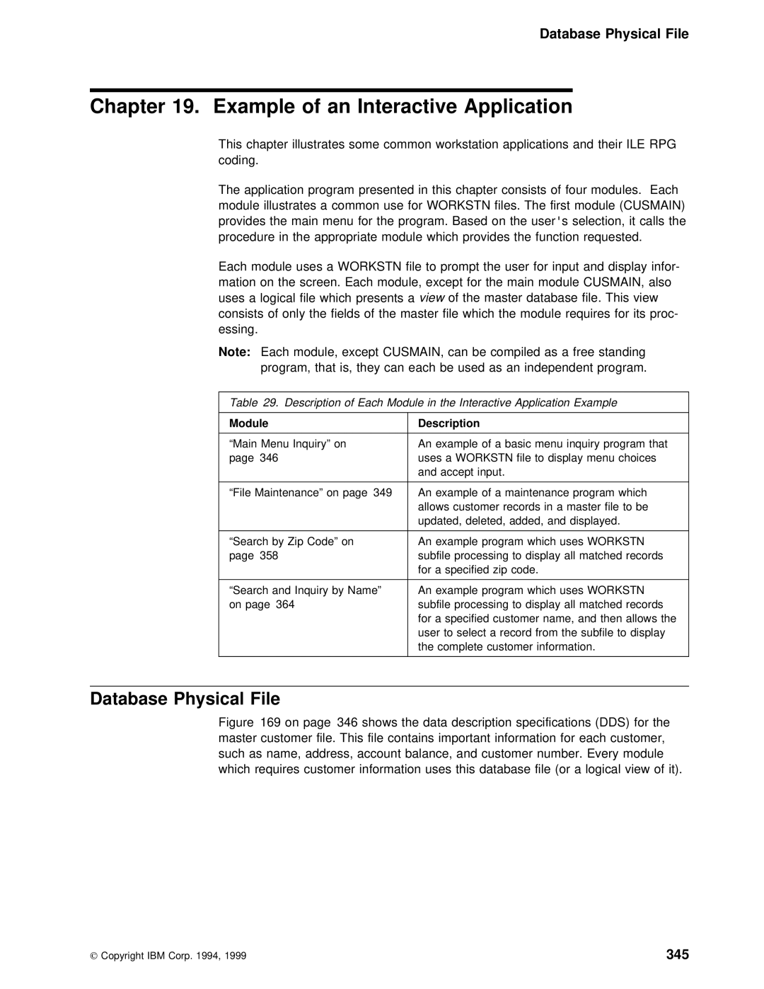 IBM AS/400 manual Example of an Interactive Application, Database Physical File, 345 