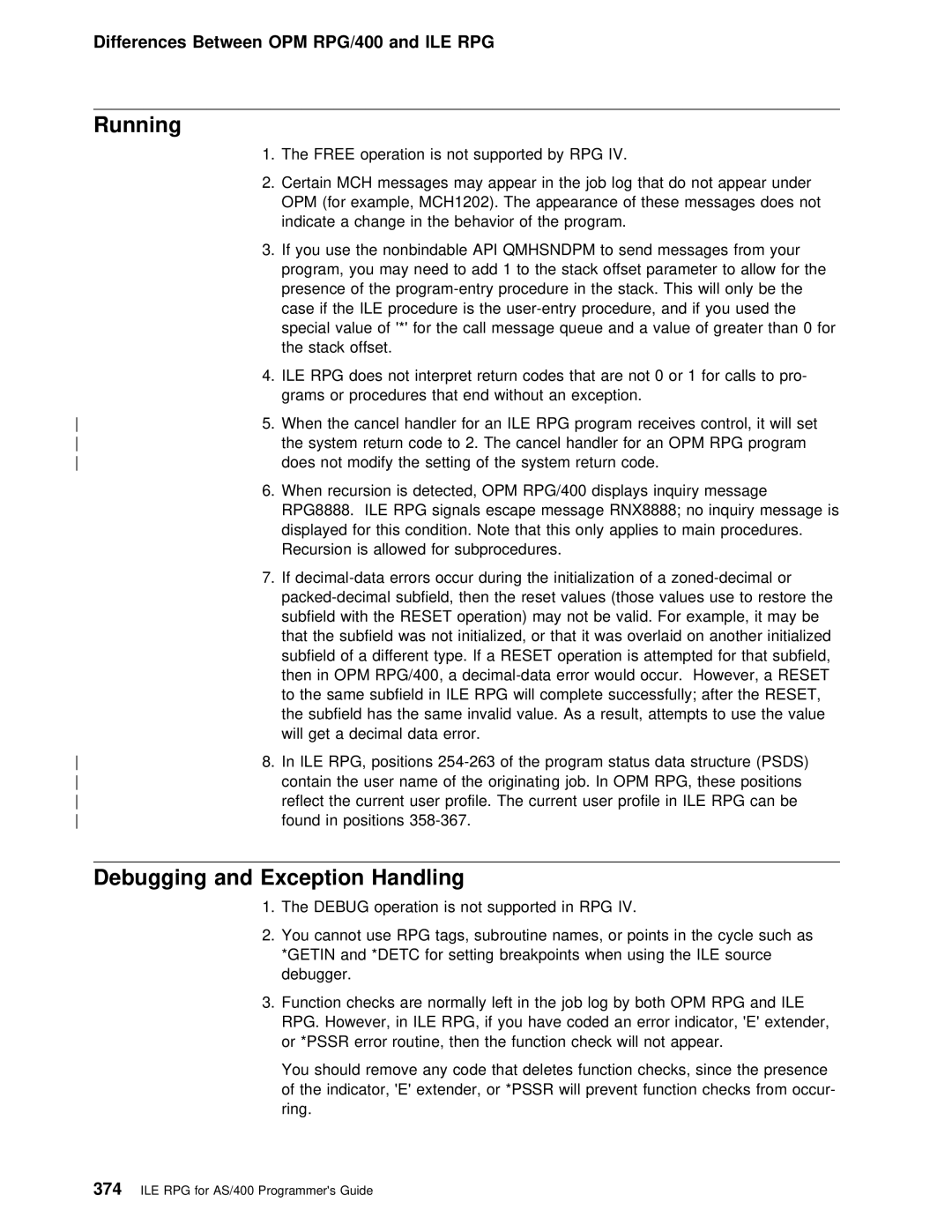 IBM AS/400 manual Running, Debugging and Exception 