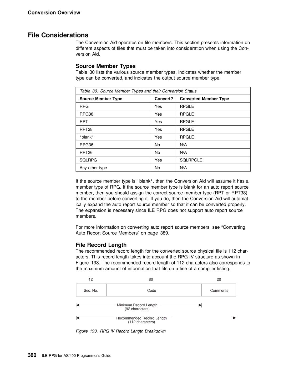 IBM AS/400 manual File Considerations, File Record Length 