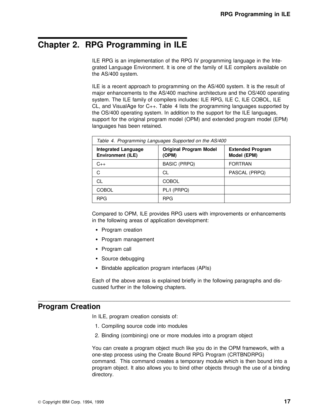 IBM AS/400 manual RPG Programming in ILE, Program Creation, ILE RPG, ILE C, ILE Cobo 