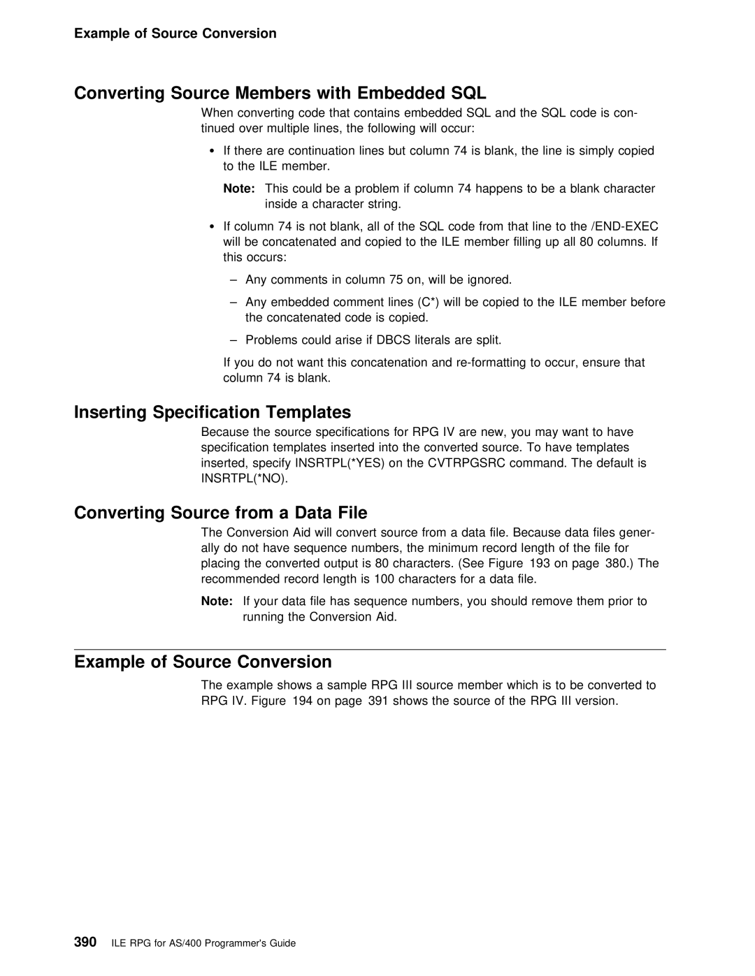 IBM AS/400 manual Inserting Specification Templates, Data, Example of Source Conversion, Converting Source from 