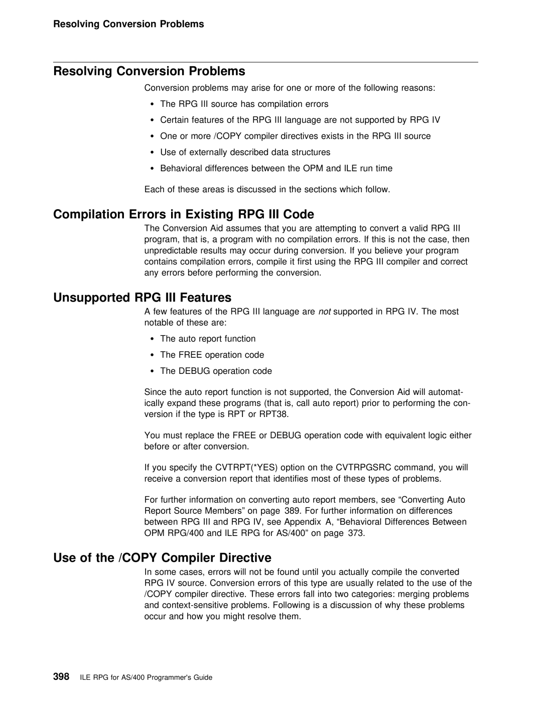 IBM AS/400 manual Resolving Conversion Problems, Compilation Errors in Existing RPG III Code, Unsupported RPG III Features 