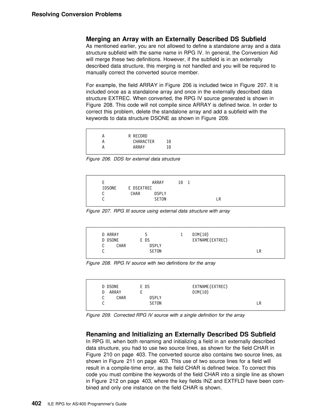 IBM AS/400 manual Merging an Array with an Externally Described DS Subfield, Initializing, Extrec, When converted 