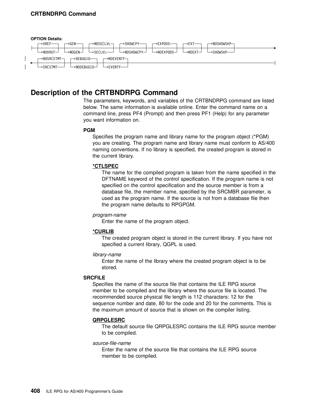 IBM AS/400 manual Description of the Crtbndrpg Command, Pgm, Program-name, Srcfile 