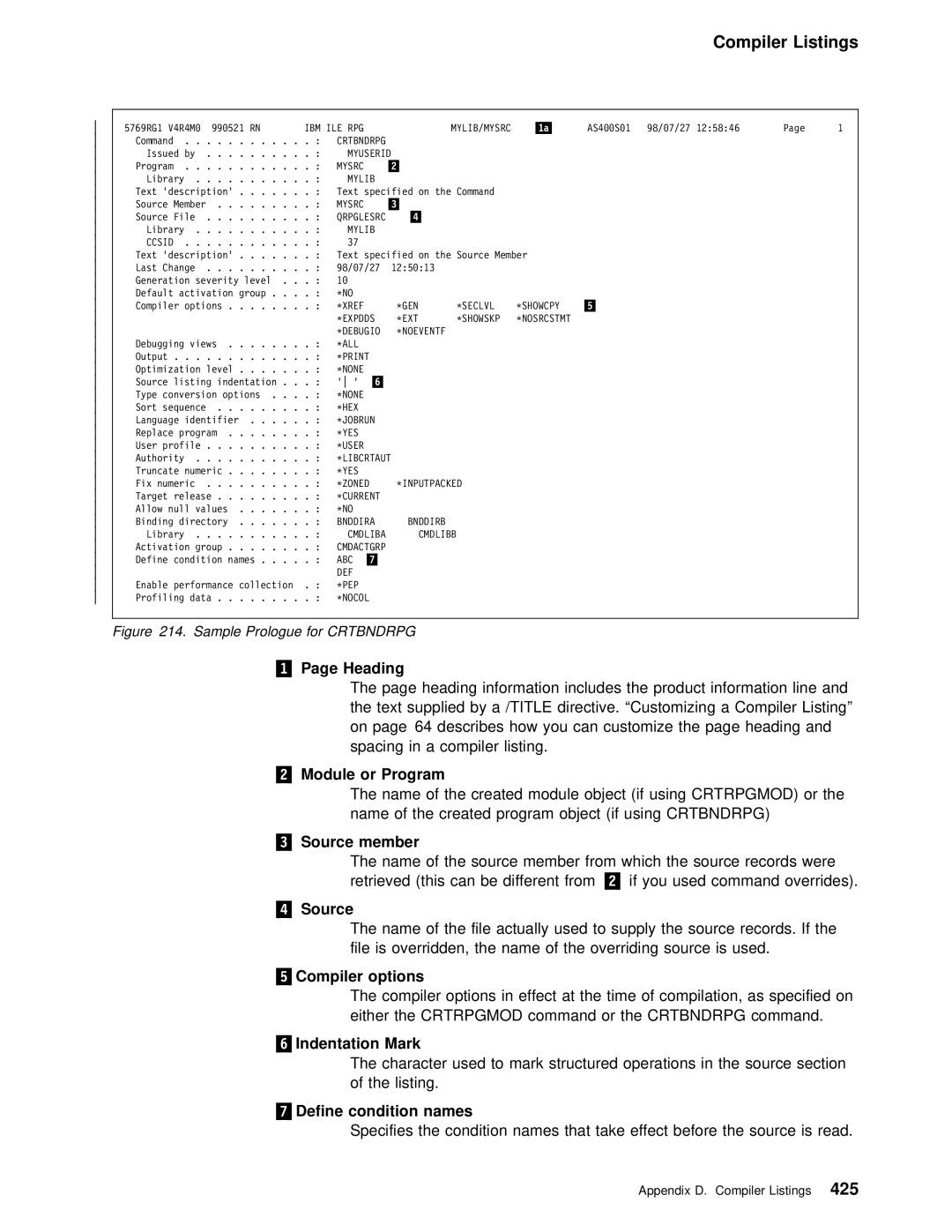 IBM AS/400 manual Module or Program, Source member, Compiler options, Indentation Mark, Define condition names 