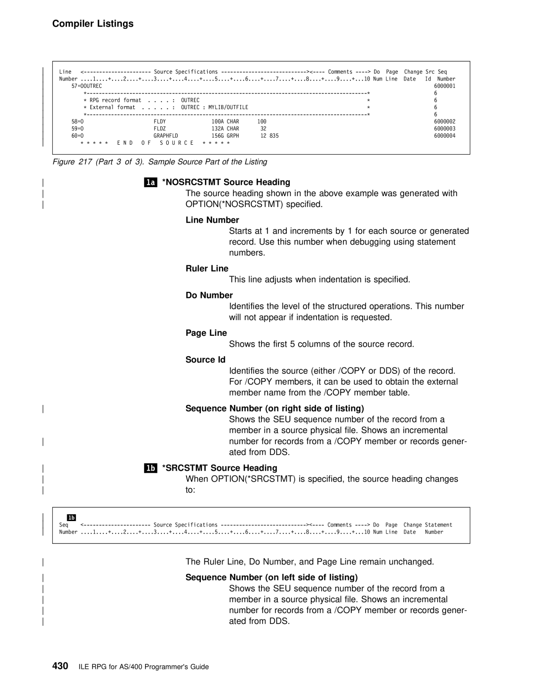 IBM AS/400 manual 1a/ *NOSRCSTMT Source Heading, Line Number, Ruler Line, Do Number, Source Id 