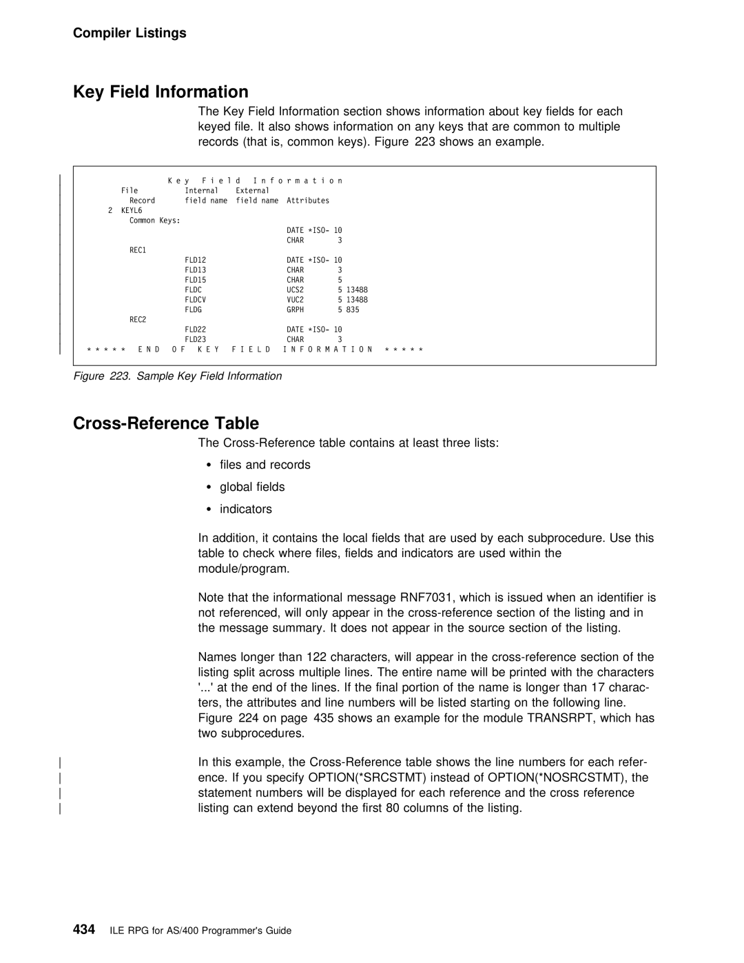 IBM AS/400 manual Key Field Information, Cross-Reference Table 