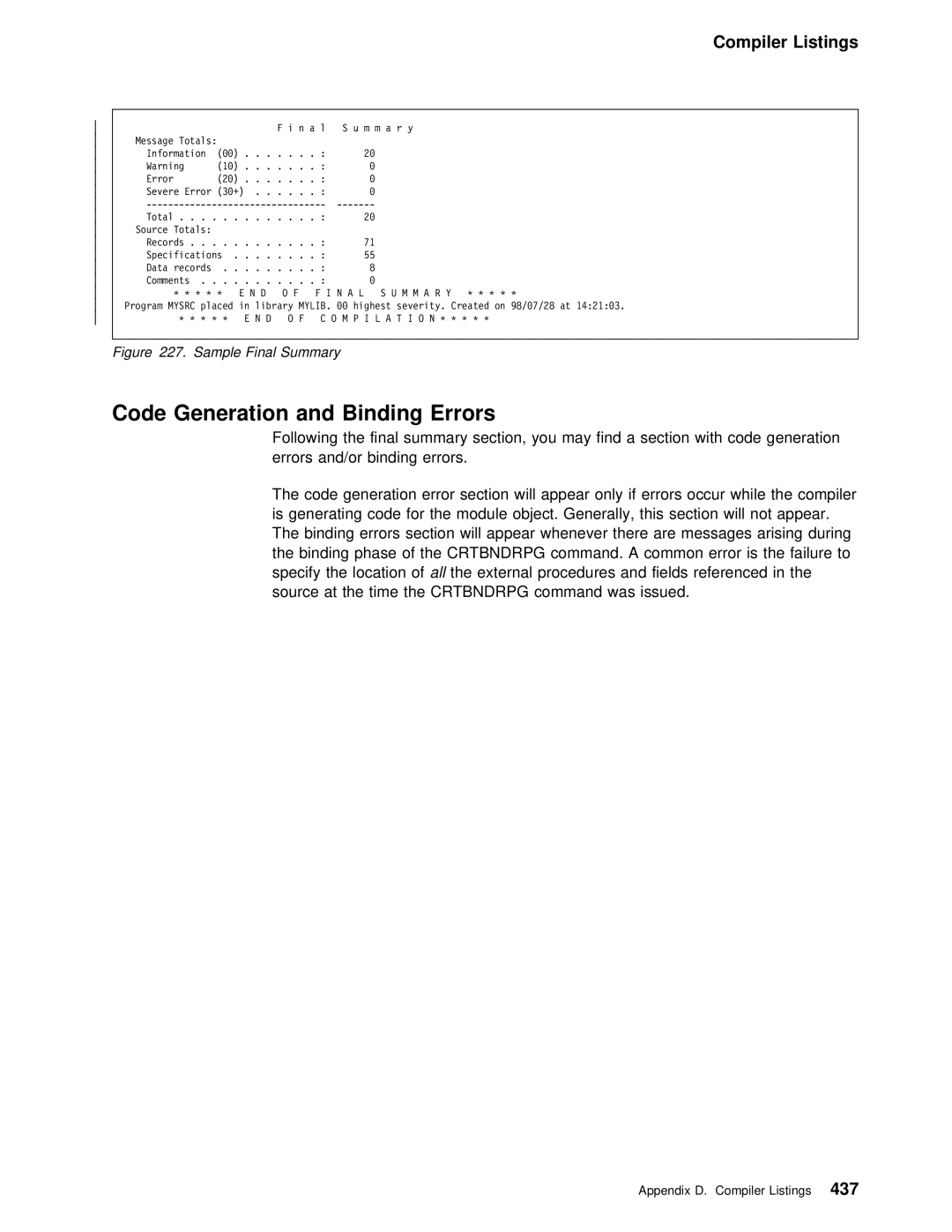 IBM AS/400 manual Code Generation and Binding Errors, N a L M M a R Y 