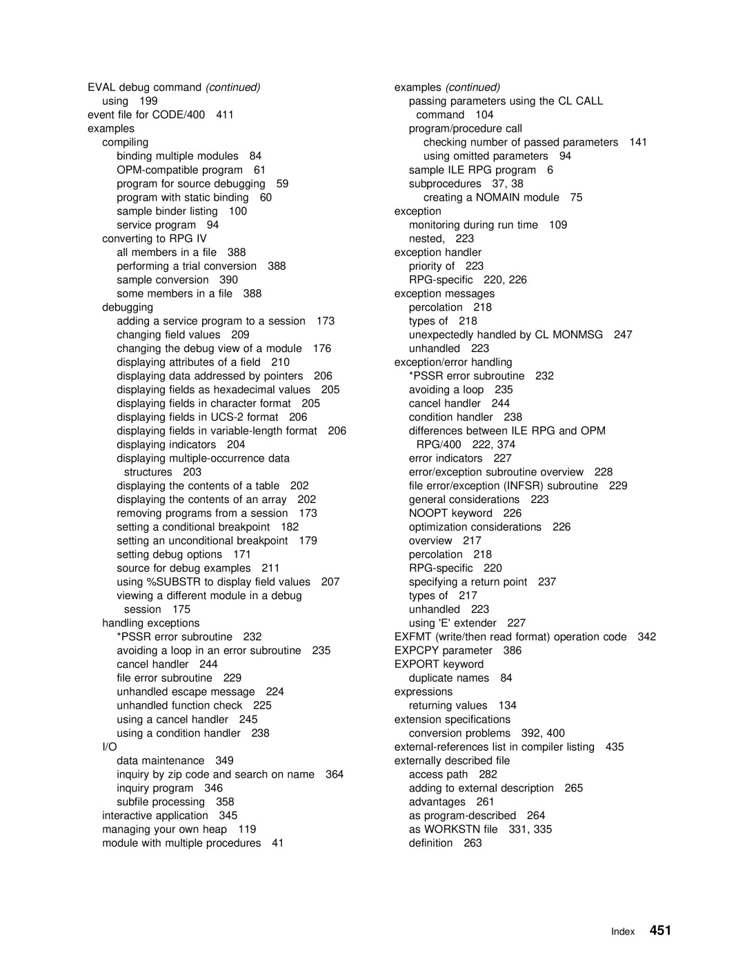 IBM AS/400 manual Binder Listing 100 Exception Service 