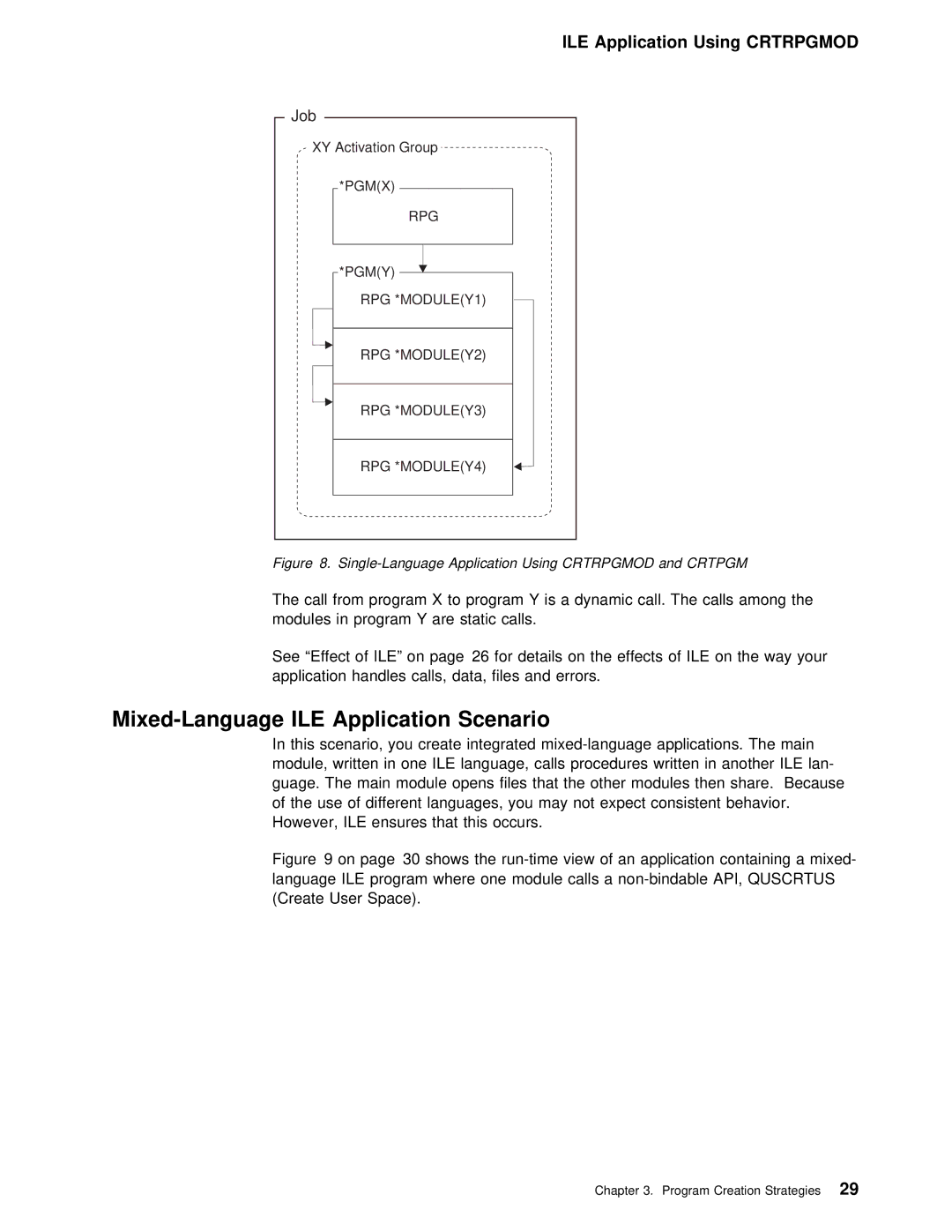 IBM AS/400 manual Mixed-Language ILE Application Scenario, Single-Language Application Using Crtrpgmod and Crtpgm 