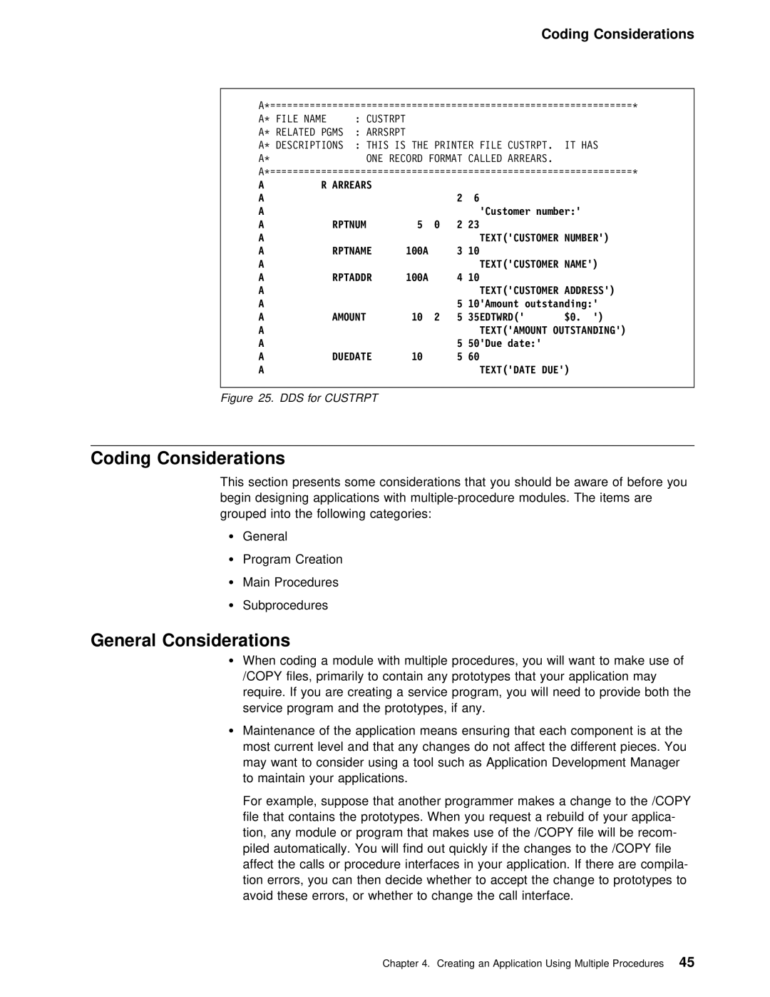 IBM AS/400 manual Coding Considerations, General Considerations, When Coding Module with multiple procedures You Will Want 