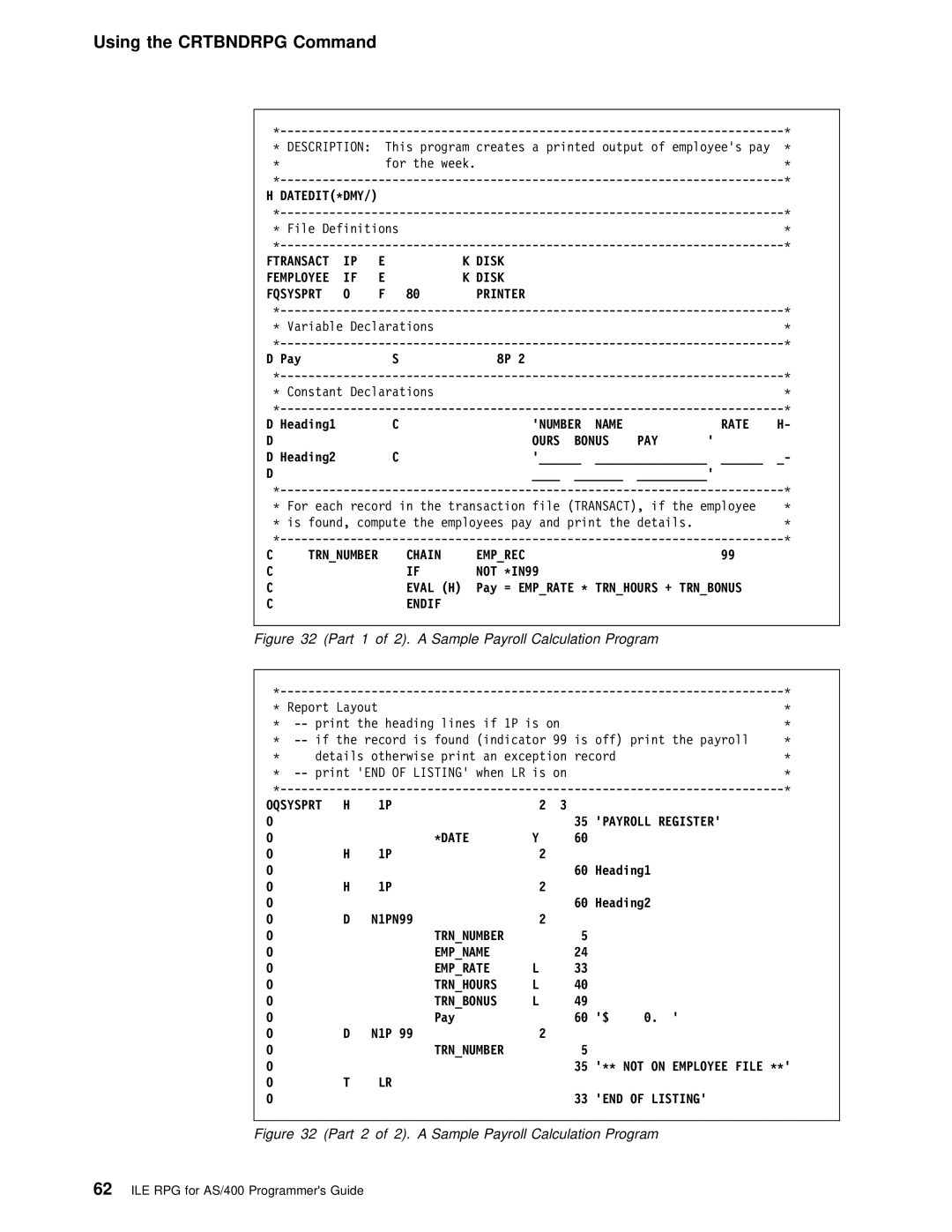 IBM AS/400 manual Disk Fqsysprt Printer, Chain Emprec Not *IN99, Payroll Register Date, Empname Emprate, END of Listing 