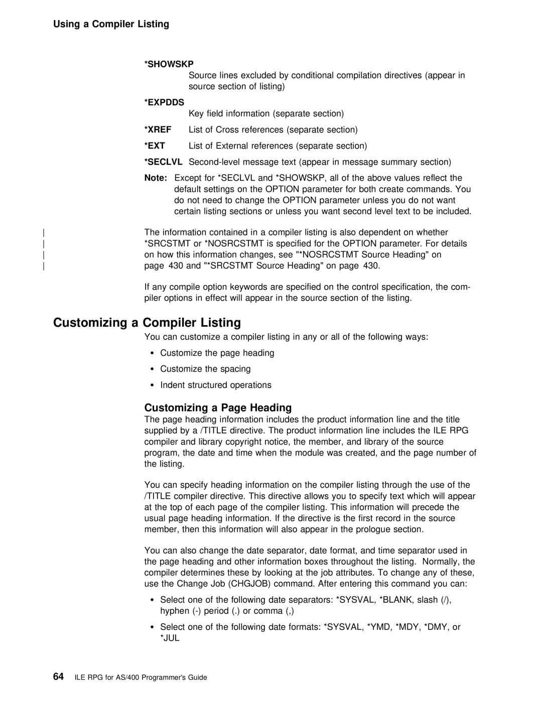 IBM AS/400 manual Customizing a Compiler Listing, Customizing a Page Heading, Xref, Ext 