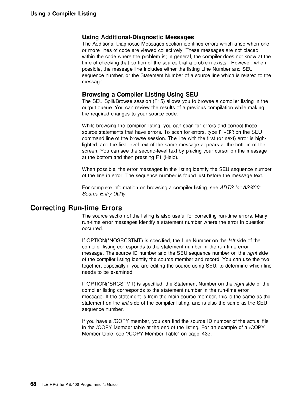 IBM AS/400 manual Correcting Run-time Errors, Using Additional-Diagnostic Messages, Browsing a Compiler Listing Using SEU 