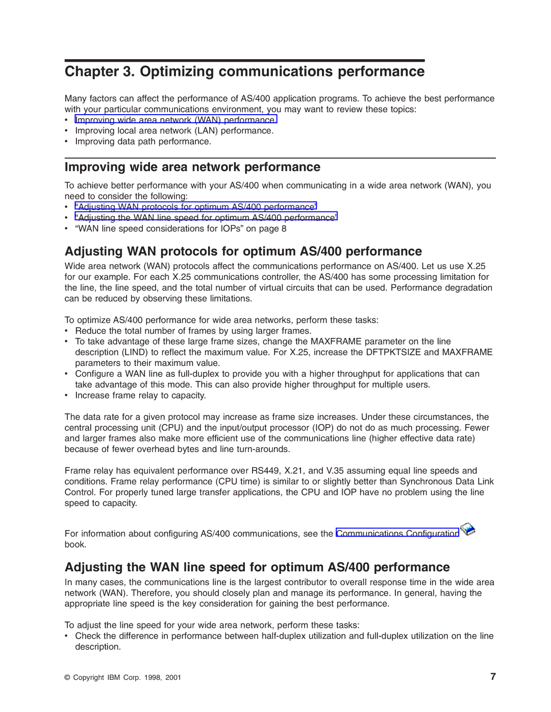 IBM AS/400 manual Optimizing communications performance, Improving wide area network performance 