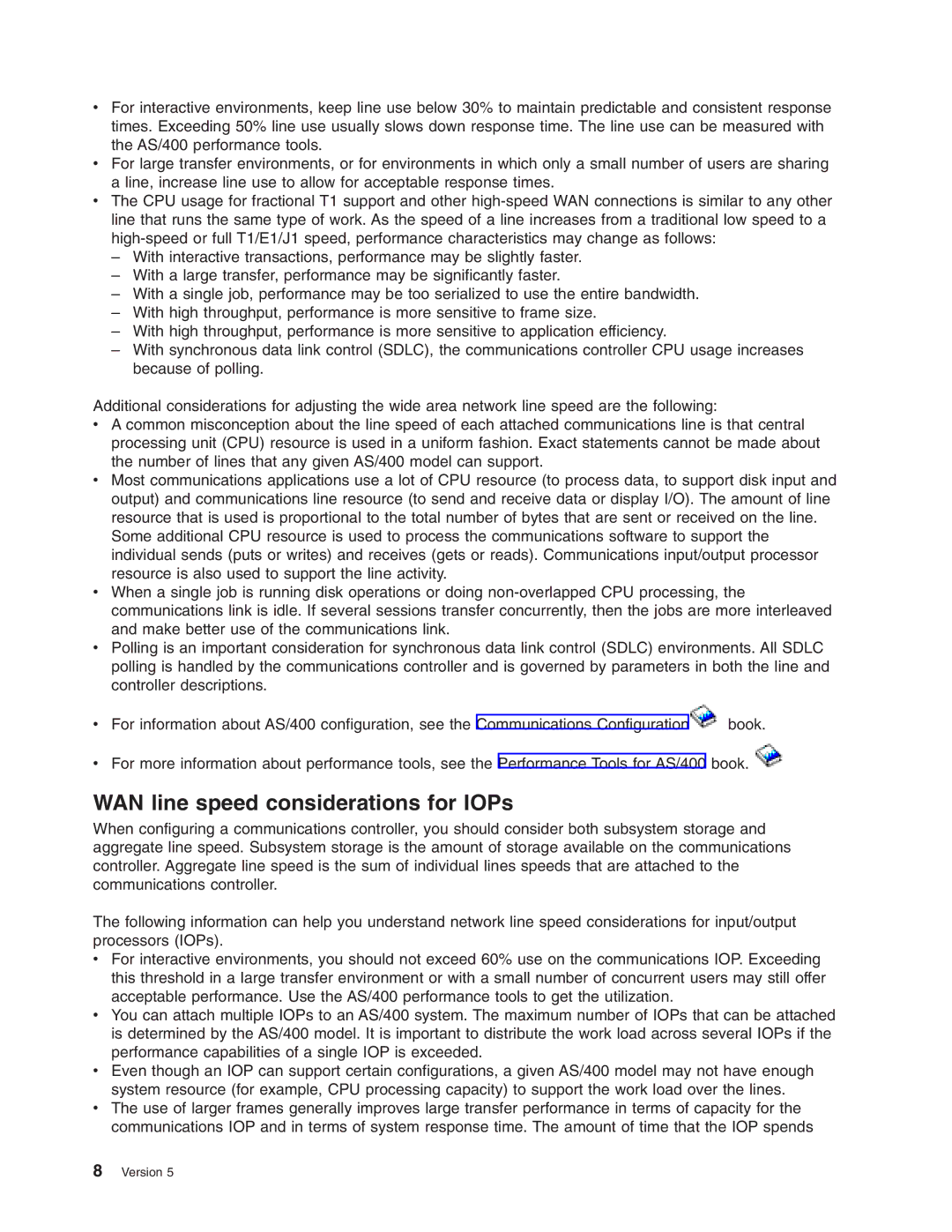 IBM AS/400 manual WAN line speed considerations for IOPs 