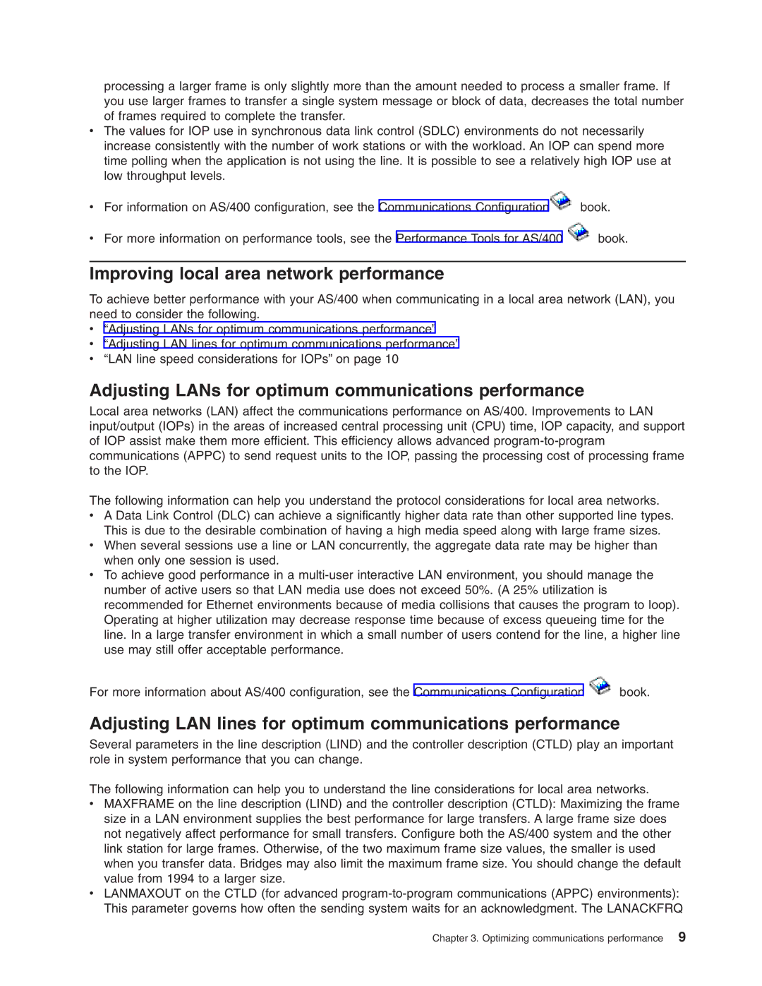 IBM AS/400 manual Improving local area network performance, Adjusting LANs for optimum communications performance 