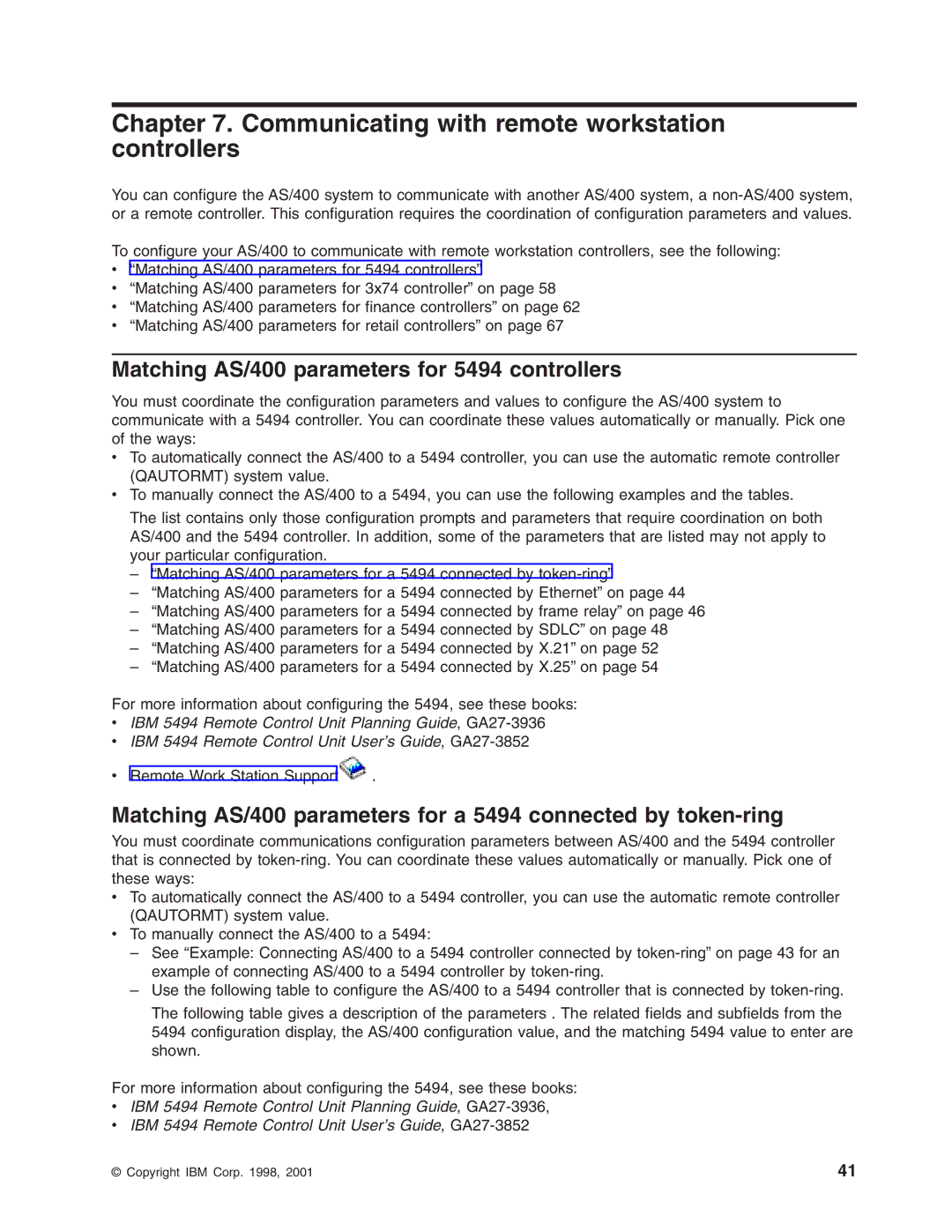 IBM manual Communicating with remote workstation controllers, Matching AS/400 parameters for 5494 controllers 