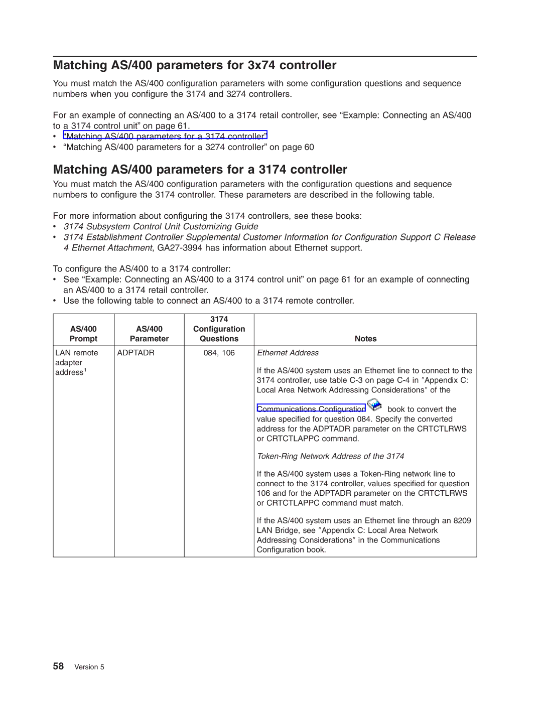 IBM manual Matching AS/400 parameters for 3x74 controller, Matching AS/400 parameters for a 3174 controller, Questions 