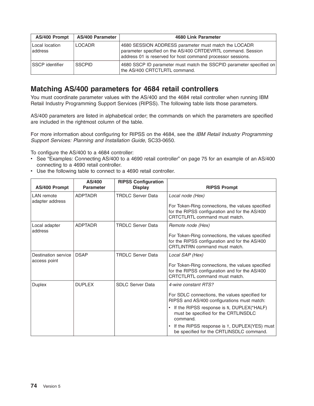 IBM manual Matching AS/400 parameters for 4684 retail controllers, Local node Hex, Remote node Hex, Local SAP Hex 