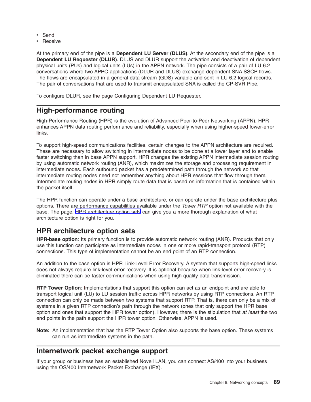 IBM AS/400 manual High-performance routing, HPR architecture option sets, Internetwork packet exchange support 