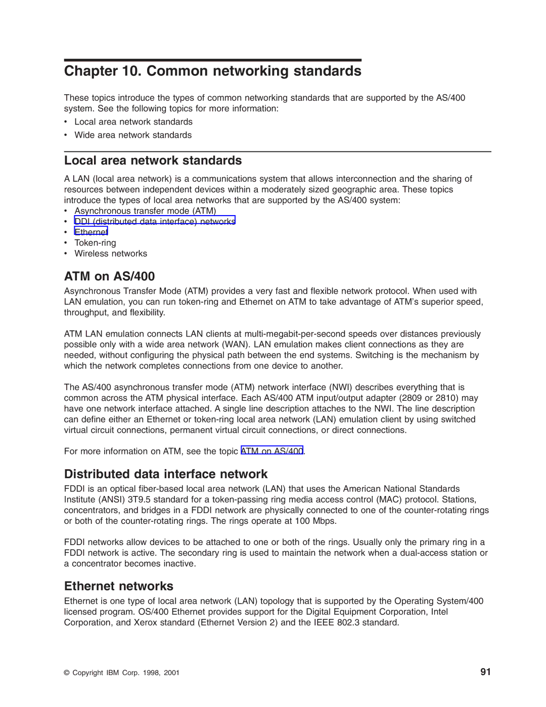 IBM manual Common networking standards, Local area network standards, ATM on AS/400, Distributed data interface network 