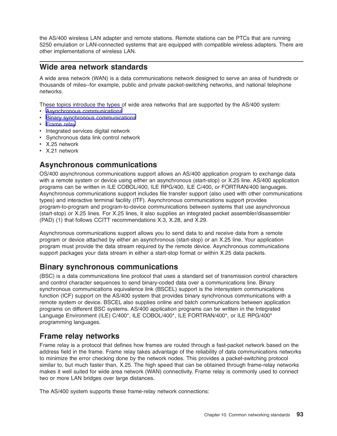 IBM AS/400 manual Wide area network standards, Asynchronous communications, Binary synchronous communications 